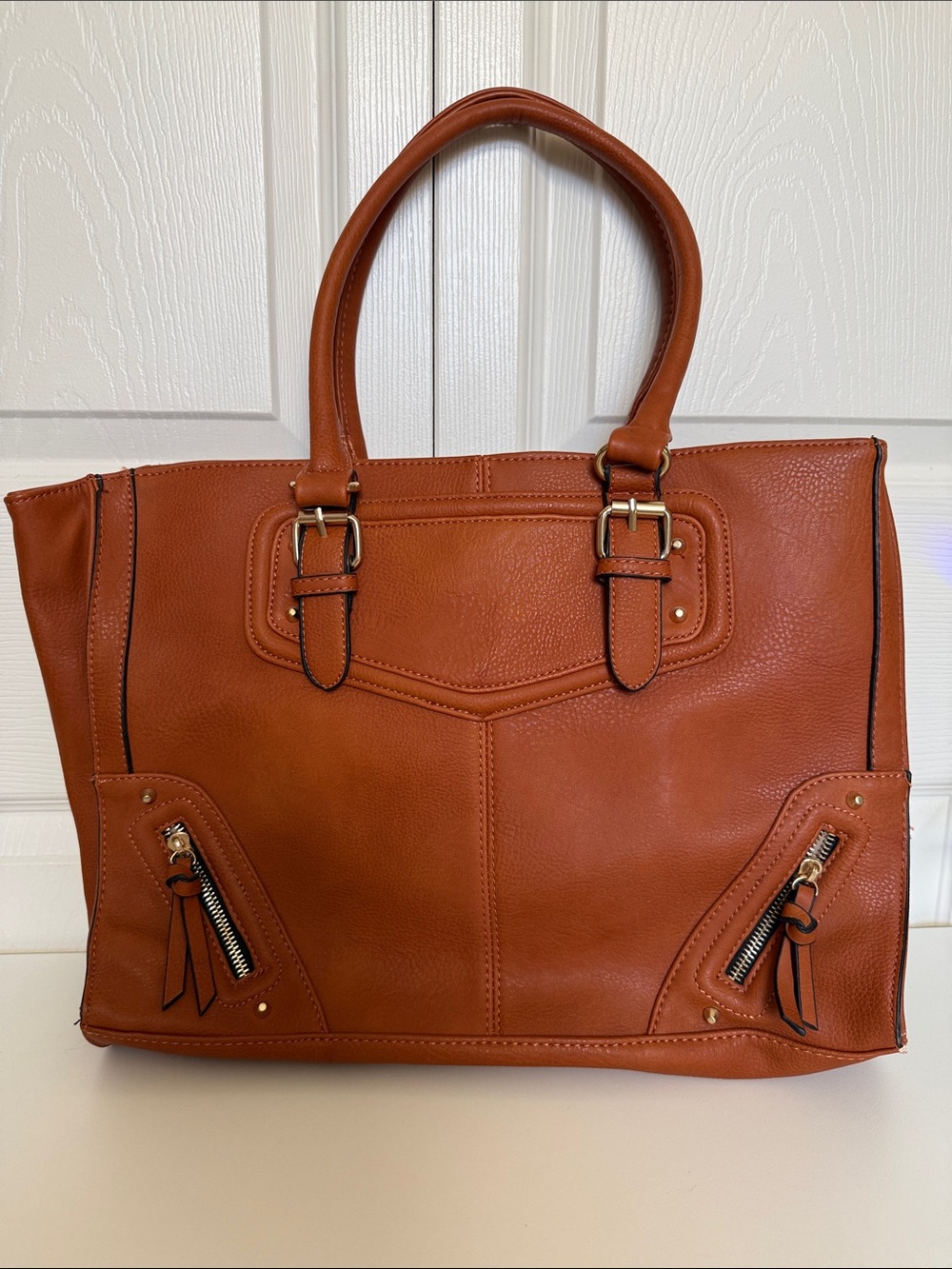 Classic Tan Tote Bag with Front Zip Accents